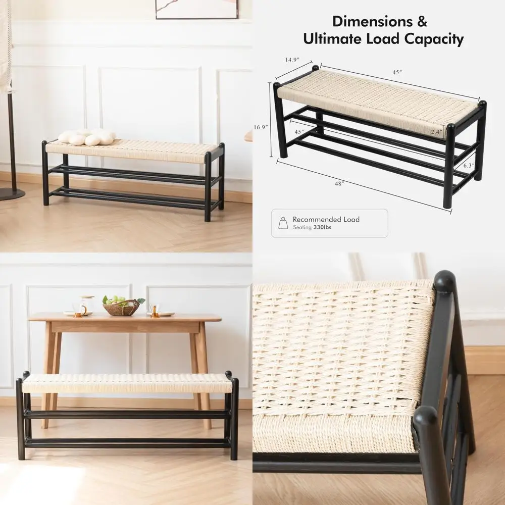 

Rustic Oak Entryway Bench with Shoe Storage, 45 Inch Long Woven Design Seating for Living and Dining Rooms