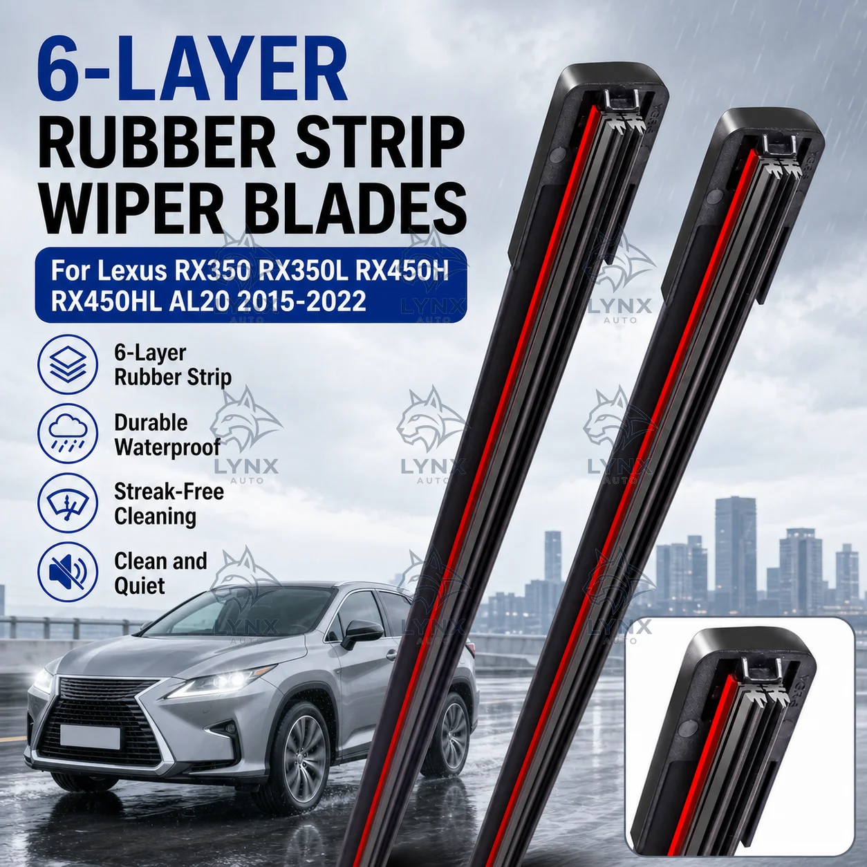 

2Pcs 6-Layer Rubber Strip Durable Windshield Wiper Blades For Lexus RX350 RX350L RX450H RX450HL AL20 2015-2022