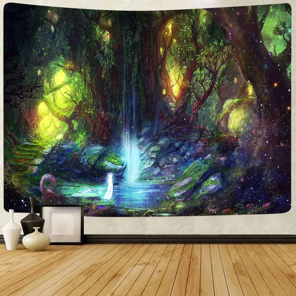 Fluorescent tapestry mushroom forest  psychedelic jellyfish art wall  living room home dormitory decoration