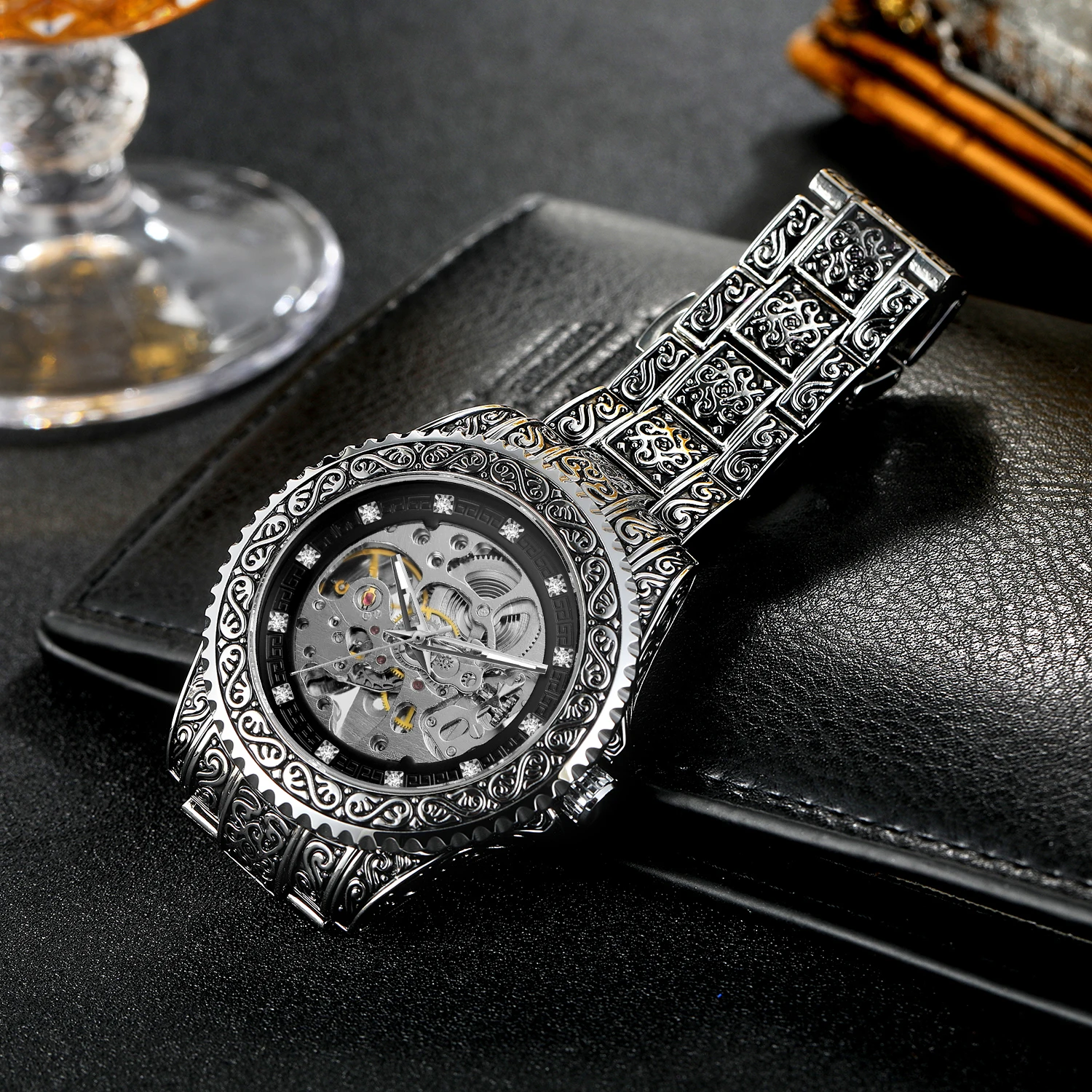 FORSINING Retro Carving Herren Skeleton Automatische Mechanische Uhren Coole Strass Silbrig Vintage Edelstahl Mode Uhr