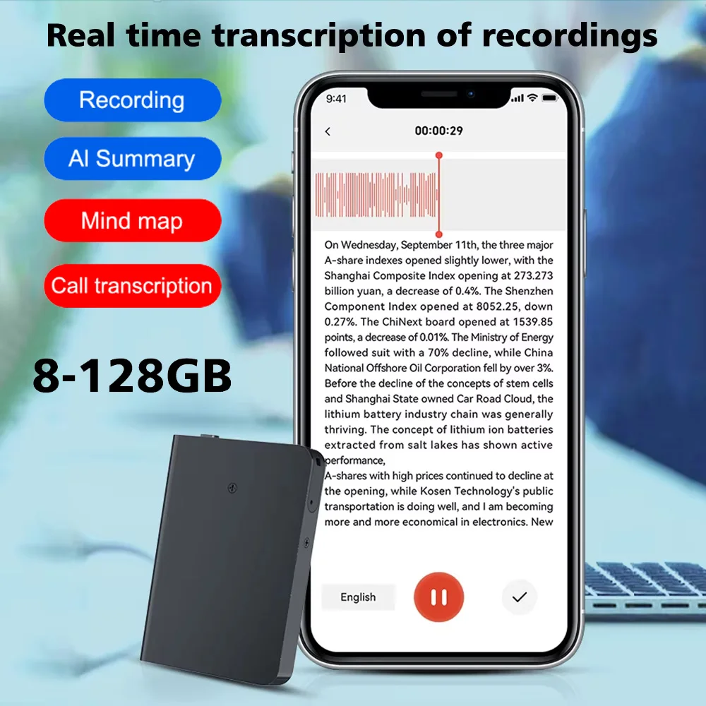 التطبيق مكالمة هاتفية مسجل صوت نشط ترانسكريبي Summarize 58 لغة مترجم المغناطيس الذكي Adsorb 8GB-128GB الإملاء