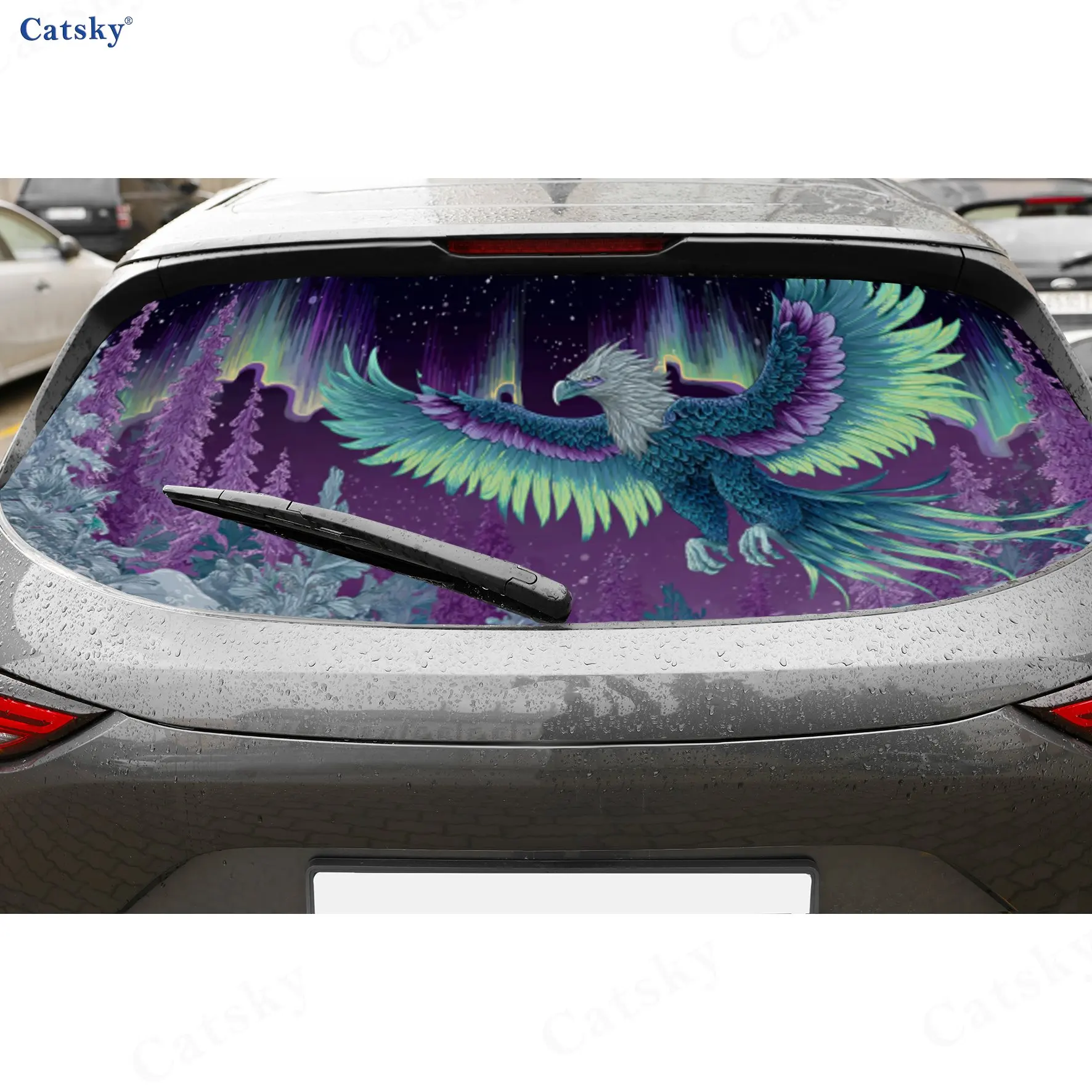 

Soaring Aurora Phoenix Dominance Scene PVC Perforated Car Vinyl Wraps, Durable Car Rear Windshield Sticker, Waterproof Car Rear