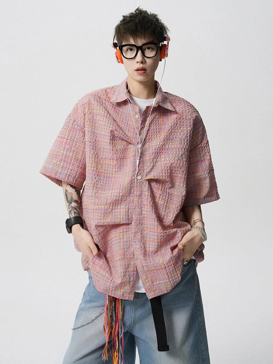 

Розовая клетчатая рубашка-поло из ледяного шелка для мужчин, летняя, быстросохнущая, с защитой от солнца, в американском стиле, для пар, свободного кроя