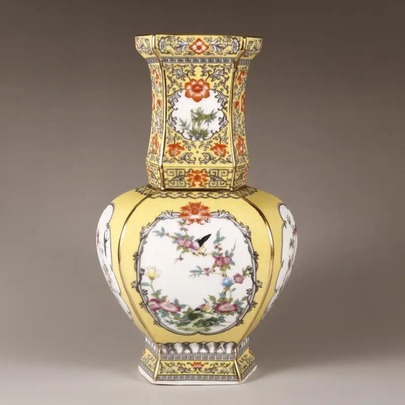 

Династия Цин Цяньлун, эмаль, красочная птица и цветок, шестиугольная светло-желтая ваза, антикварная стойка в китайском стиле, имитация антикварной P