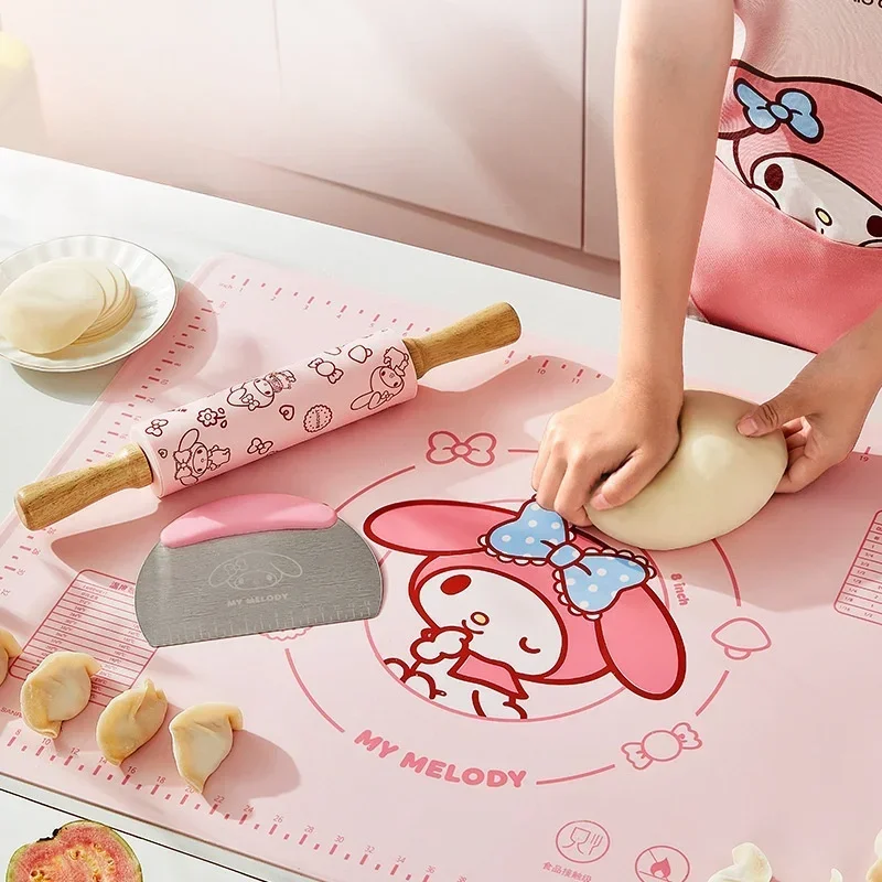 Sanrios My Melody Cartoon Silicone Kneading Mat Anime Kawaii Hellokitty Food Grade Thickened Baking Mat Rolling Pin Dough Cutter