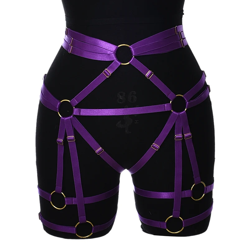 Lady Purple High Waist Garter Belt Body Harness Bra Bondage Elastic Sexy Lingerie Body Harness Cage Goth Rave