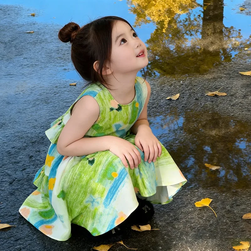 2026 Spring/Summer New Girls' Round Neck Vacation Wind Lotus Leaf Edge Decorative Dress