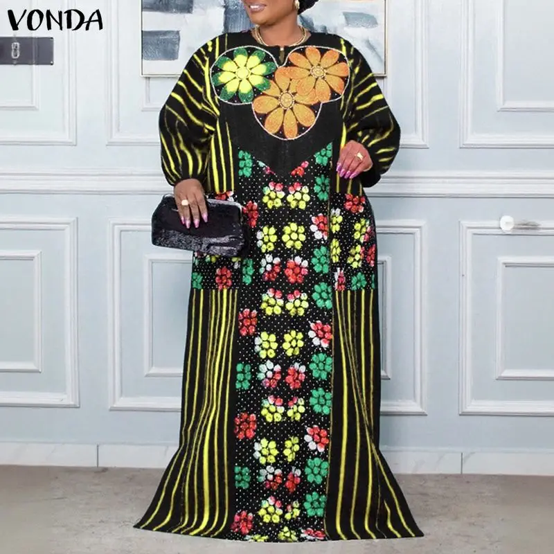 

VONDA Plus Size Bohemian Long Dress Women Long Lantern Sleeve Casual Party Vestidos Autumn V-Neck Loose Print Maxi Robe 5XL