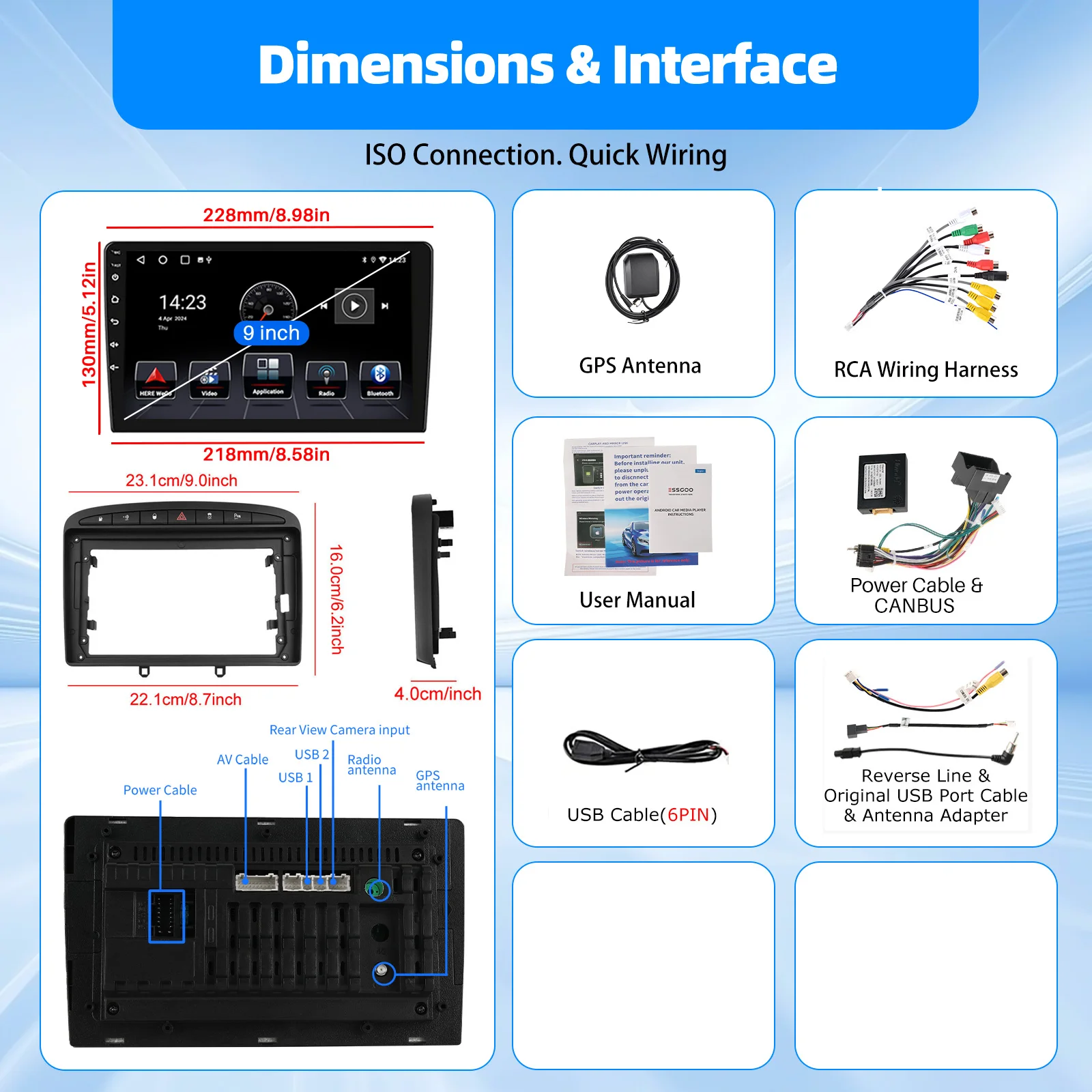 ESSGOO Carplay Android 14 Android Auto Radio für Peugeot 308 308 SW 408 RCZ 2007-2015 Auto-Intelligenzsysteme 2din Autoradio – Detail 3