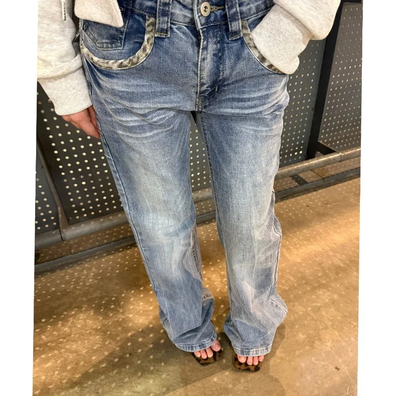 OIQERE Women American Light Blue Low Rise Flare Jeans Slim Fit Leopard Spliced Floor Length Denim Trousers For Spring Autumn