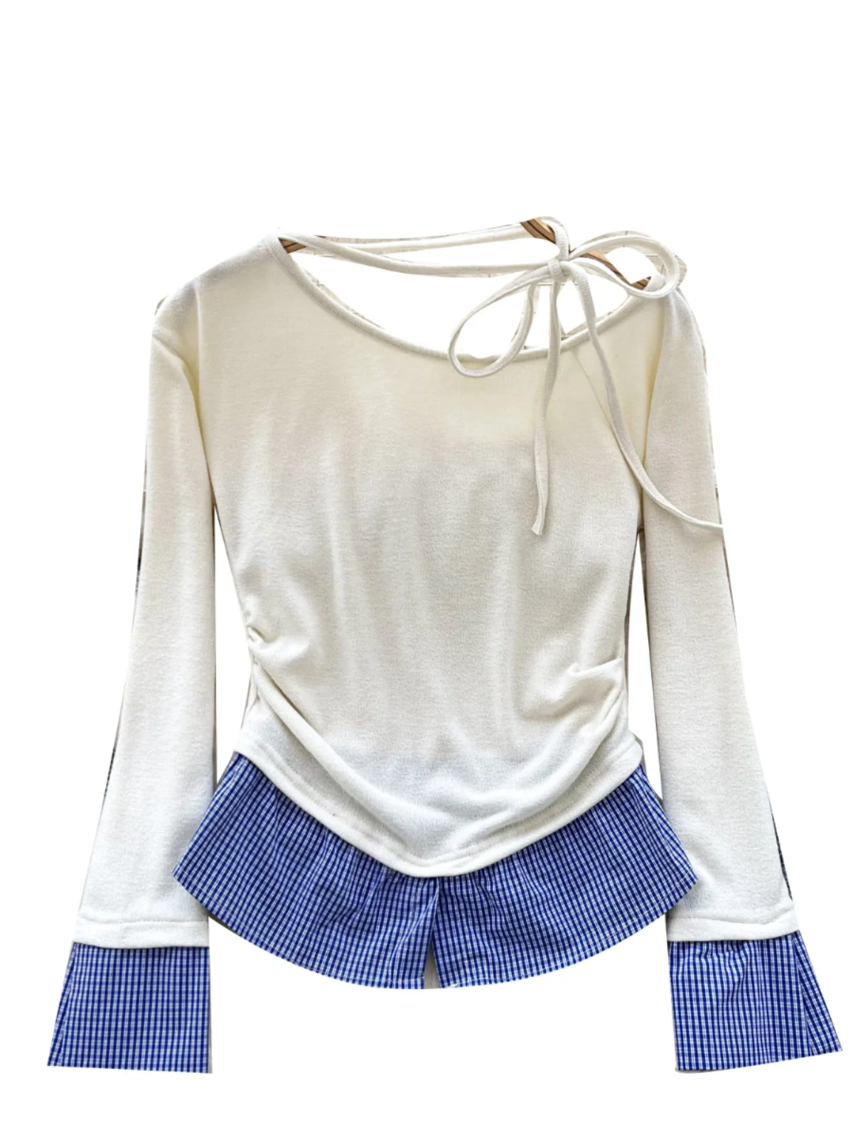 

Slim Fit Plaid T-irt Women's Long Sve oulder Bared Design Chic Faion Autumn Base irt Korean Sle Commute Wind