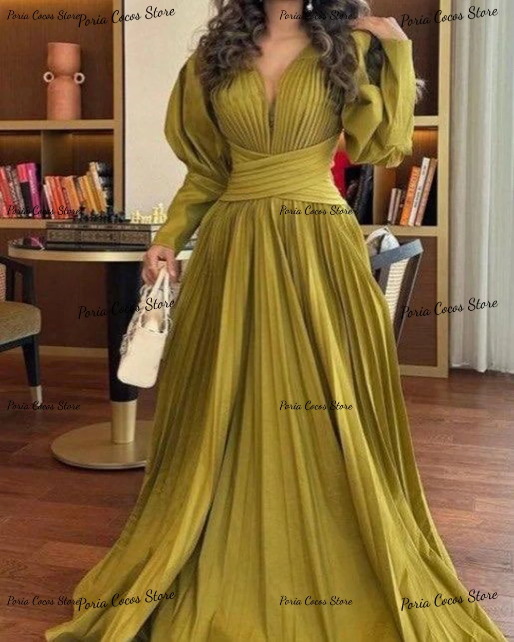 Customized Elegant Evening Dress Long Sleeve Sexy V Neck A-line Pleat Prom Gown Solid Color فساتين السهرة 2023 جديده Cocktail Dr