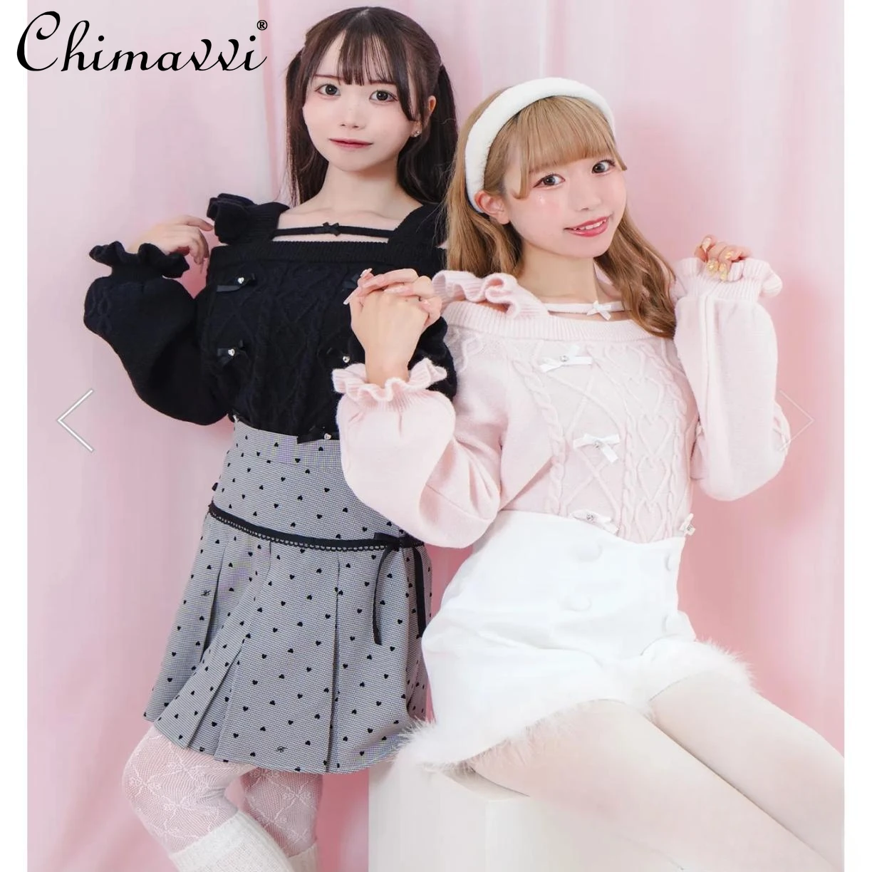 

Japanese Mine Series Sweet Bow Suspender Knitted Top Autumn and Winter New Cute Girl Womens Slim Kawaii Lolita Y2k Sweater