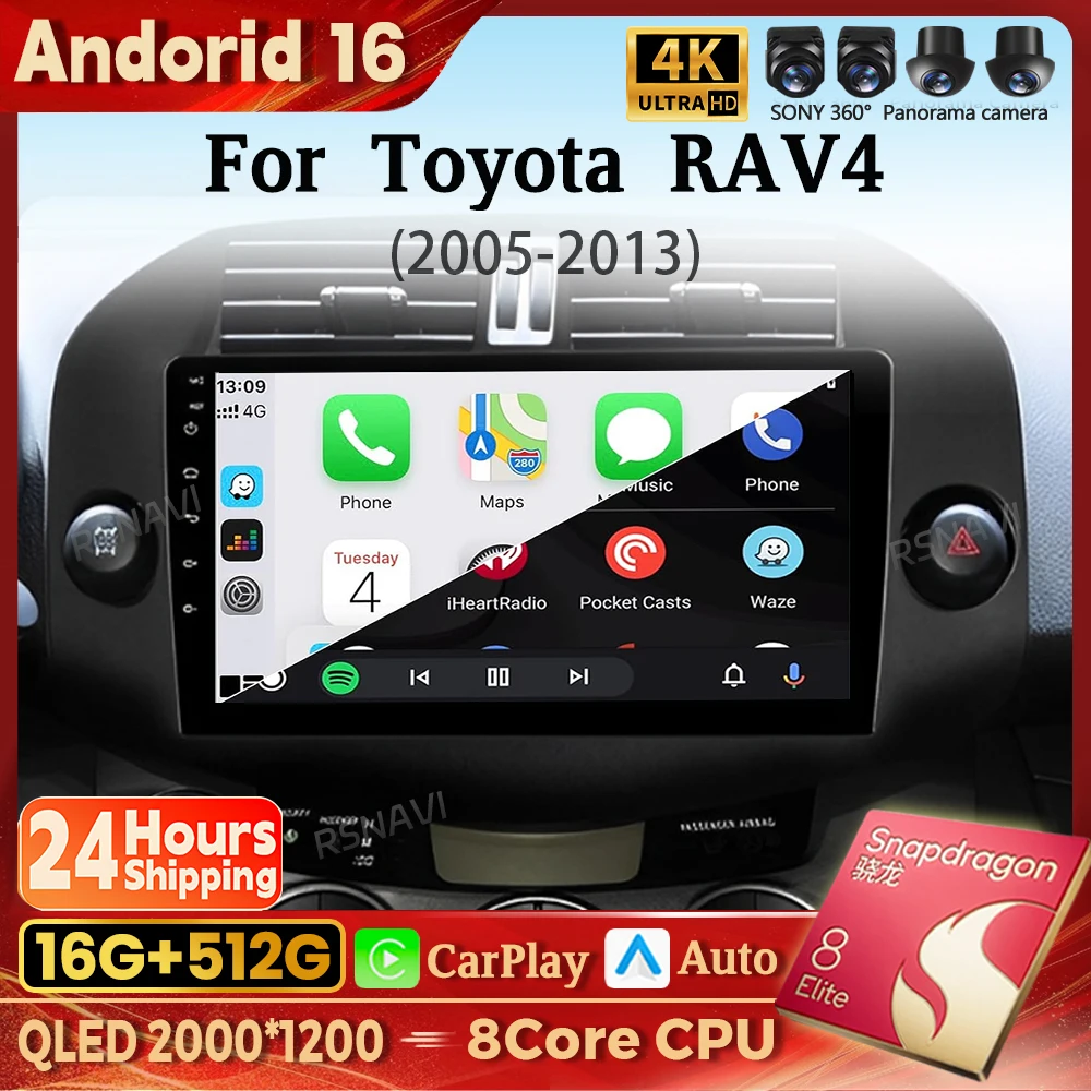 Android 16 Carplay Auto Qualcomm 2K QLED Bildschirm Autoradio für Toyota RAV4 3 XA30 2005-2013 GPS Wifi 4G BT DSP Navigation