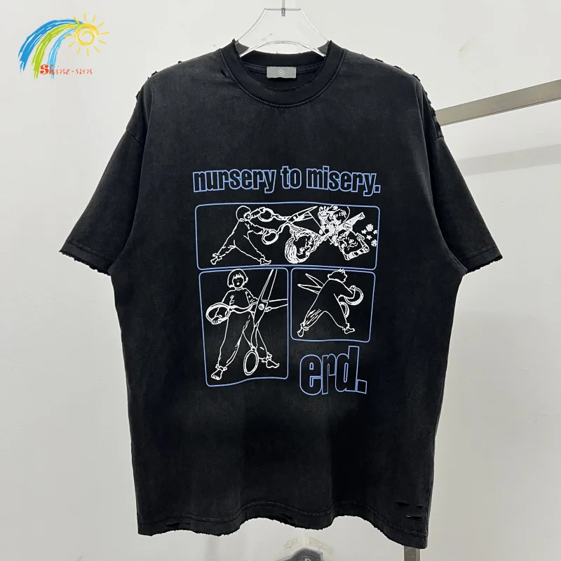 

Graphics Printing Vintage Washed Black ERD T Shirt Men Women High Street Destroy Broken Holes Tee Tops Streetwear T-Shirt