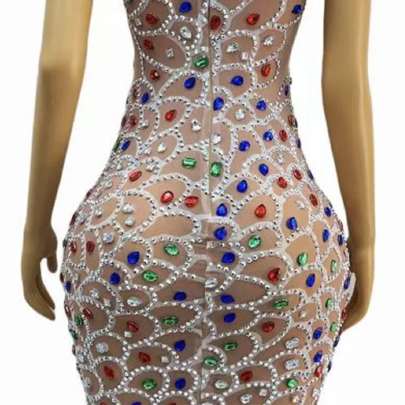 Kolorowa Sukienka Wieczorowa z Dużymi Kamieniami, Elastyczna, Seksowna, Przezroczysta Siateczka, Kostium na Imprezę, Urodziny, Strój XS6841