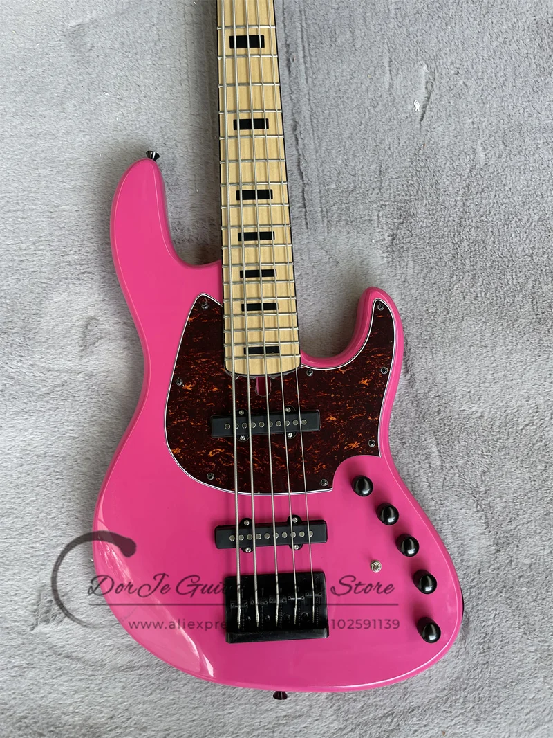 5 Strings Bass Guitar Pink Body Maple Fingerboard Black Inlay Red Tortoise Shell Pickguard Active Battery