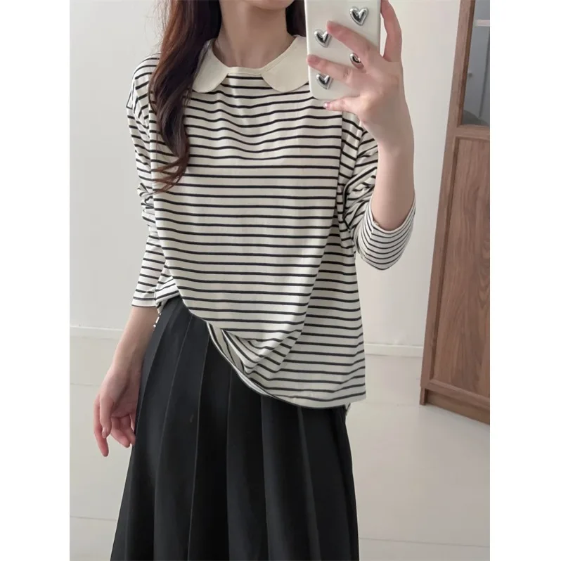 

Женская футболка больших размеров для похудения, свободного кроя, с воротником-бэбидолл, в полоску, с коротким рукавом, удобная, для повседневной носки, в художественном стиле