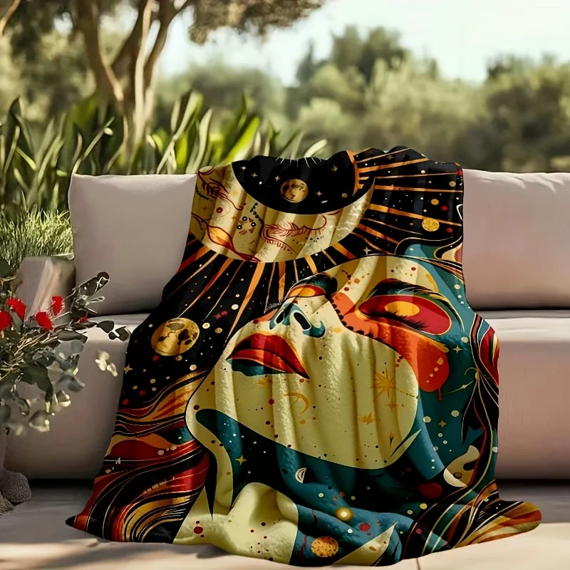 

1 шт. Одеяло для кемпинга «Небесная луна и звезды» — мягкое фланелевое уличное покрывало для кровати, дивана, офиса и путешествий, универсальное многокарманное покрытие