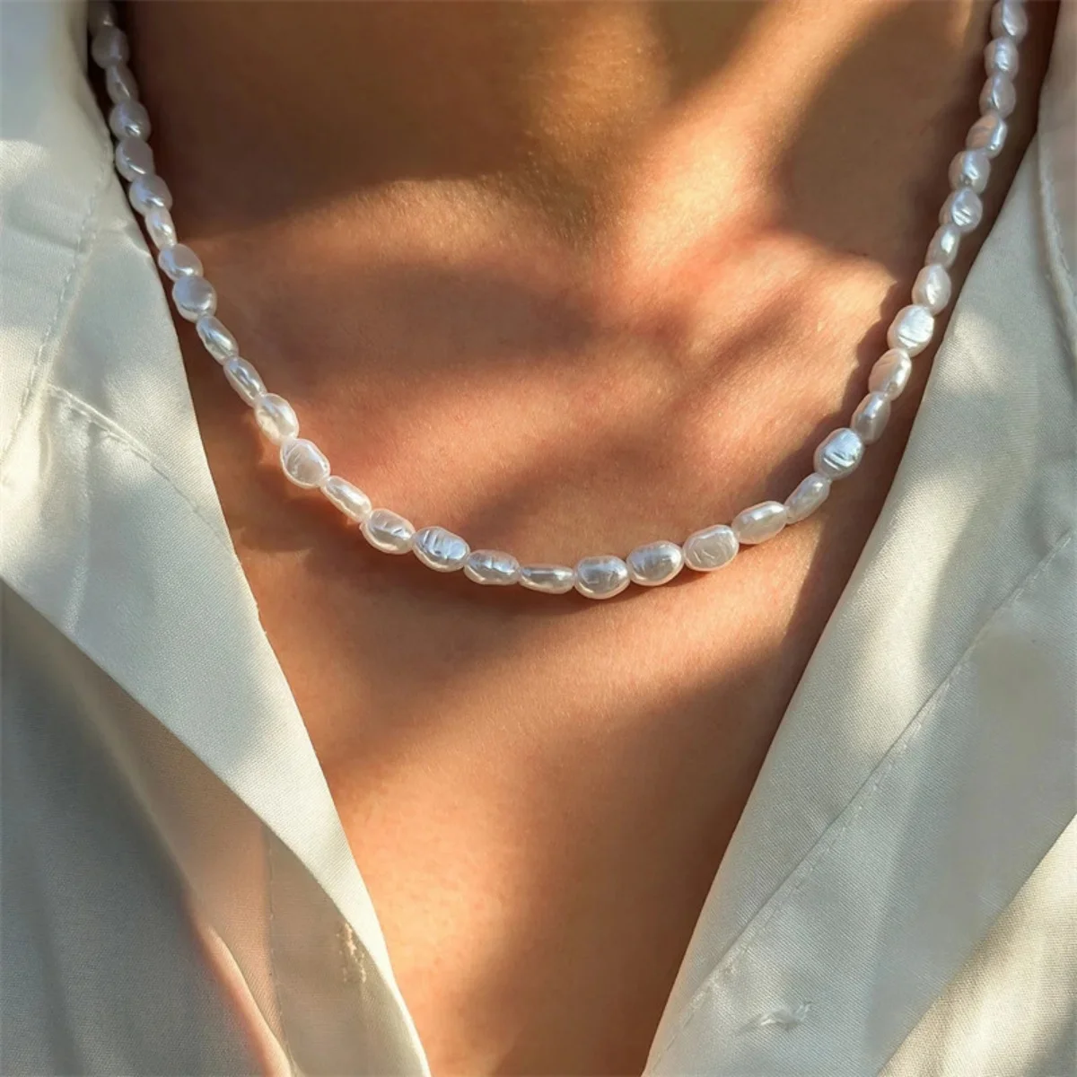 Boho Handmade Imitation-Pearl Chain Necklace Bracelet for Men Trendy Vintage Clavicle Chain on Neck Jewelry Set New Steampunk image 2