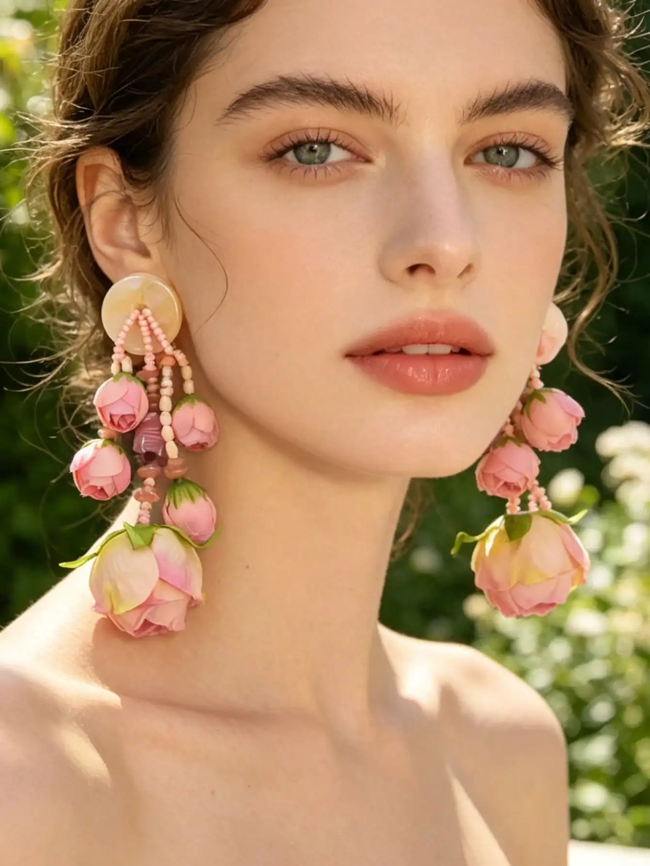 Romantische handgemachte Ohrringe mit rosa Rosenblütenquasten, mehrfarbigen rosa Perlen und kaskadenförmigen Harzanhängern für den Urlaub oder als Brautschmuck.