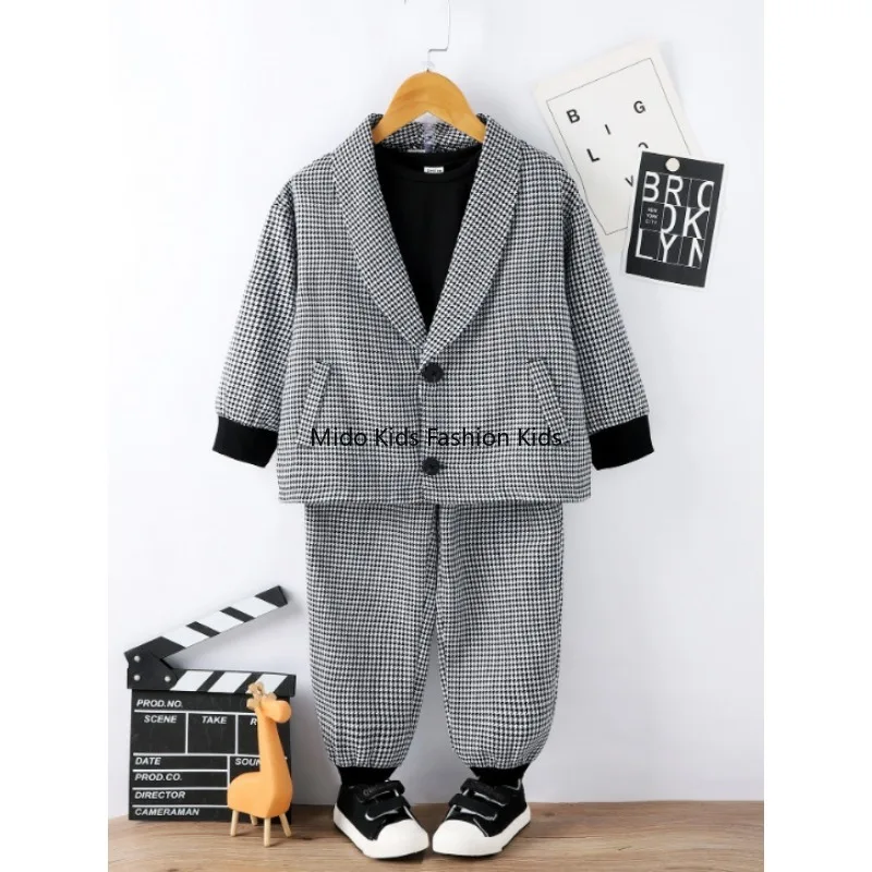 Boys Plaid Suit Set Long Sleeve Jacket and Jogger Pants Kids Autumn Winter Outfit 4Y  5Y 6Y 7Y