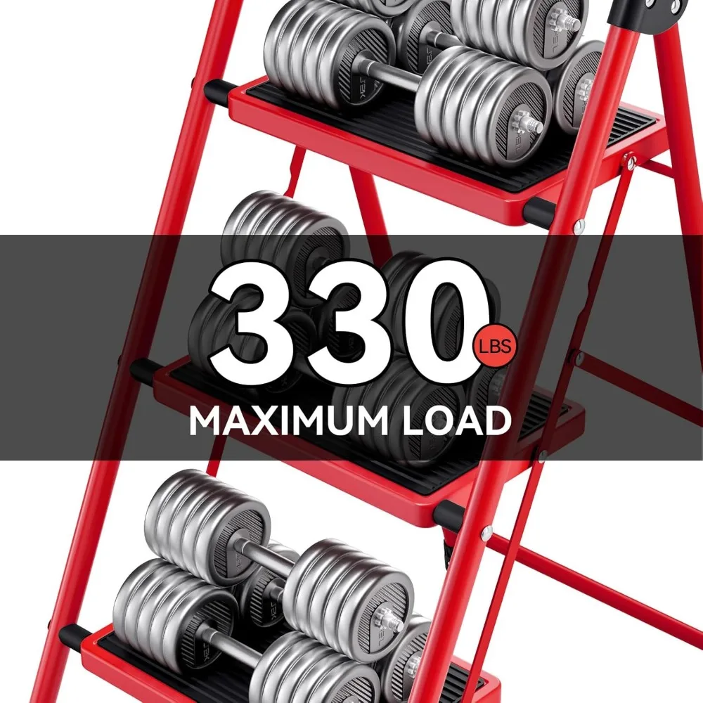 سلم قابل للطي بثلاث خطوات مع مشطات مضادة للانزلاق، خطوات واسعة، تصميم خفيف الوزن، مقعد محمول مع درابزين لاستخدام المطبخ