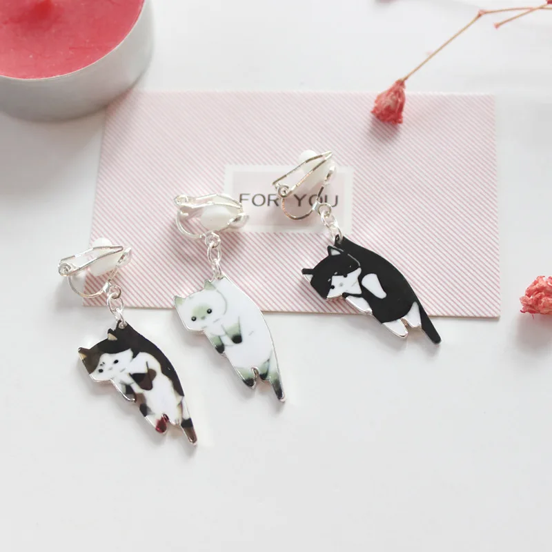 Japenese Korea Style Lovely Black Cat Enamel Clip Earrings Without Piercing for Girls Party Cute Animal Kids No Hole Ear Clip