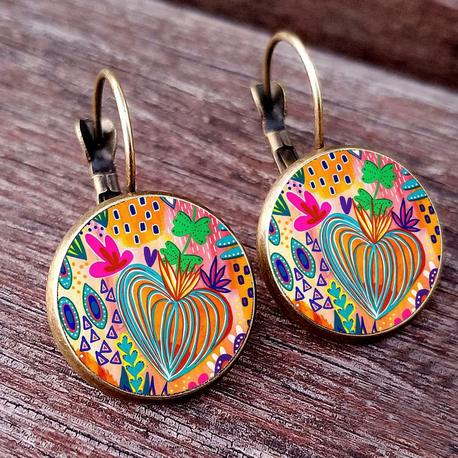 Colorful Wave Dot Flower Earrings Abstract Plant Flower Art Glass Cabochon Women\'s Earrings Beautiful Earrings Jewelry Gift