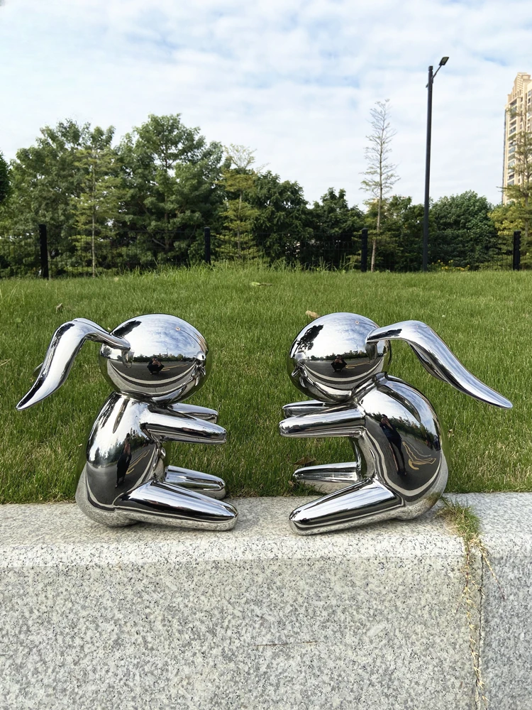 Stainless steel mirror rabbit sculpture floor-to-ceiling outdoor lawn decoration ornament customization