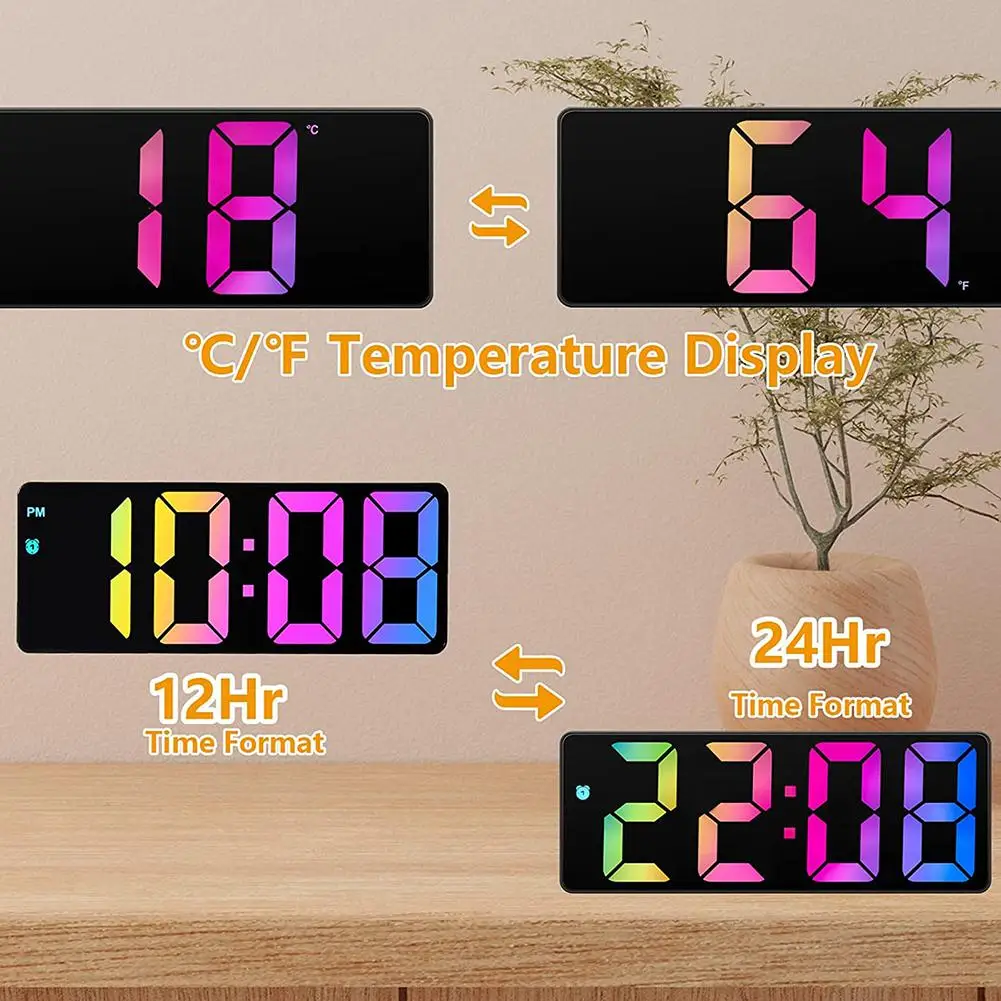 LED Digital Colorful Screen Alarm Clock 12/24 Hours Adjustable Brightness Desk Electronic Clocks For Home Bedroom Office Decor