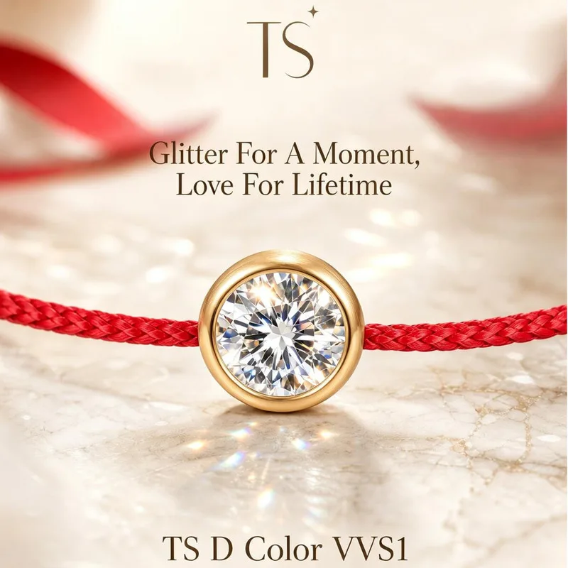 

TS D Color VVS1 Moissanite Red Rope Bracelet 925 Silver Gold Bezel Setting Lucky Red Cord Charm Bracelet For Ladies Daily Wear