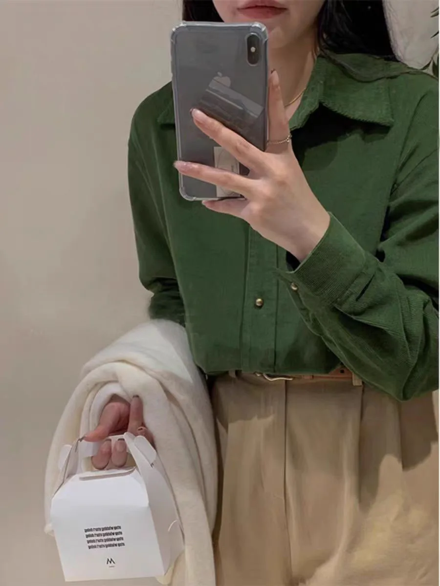 

Осенние женские рубашки, зеленая вельветовая блузка на пуговицах с длинным рукавом в стиле ретро, повседневные женские повседневные топы, зимняя куртка, шикарная верхняя одежда