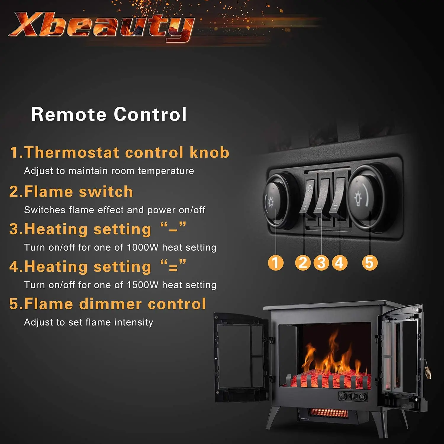 Realistic Flame, Indoor Electric Stove Heater, Portable, Infrared, Thermostat, Overheating Safety System, 1000W/1500W(23 Inch)