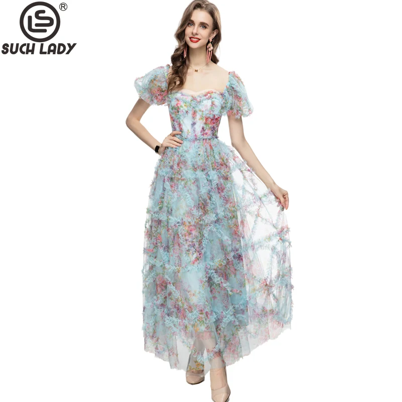 

Women's Runway Dresses Scoop Neckline Short Sleeves Printed Ruffles Sash Belt Elegant Long Evening Party Prom