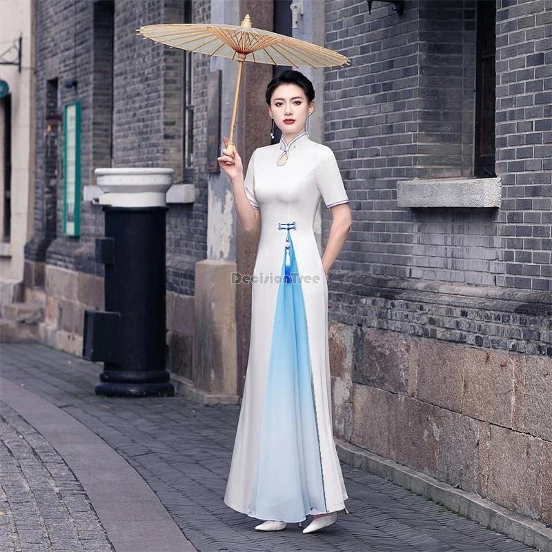 2024 improved half sleeve stand collar aodai cheongsam element fashion dance dress loose style elegant women aodai dress b144