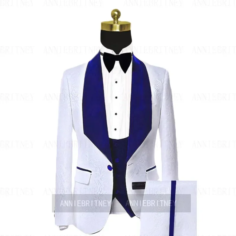 2024 White Jacquard Formal Elegant Men Suit Groom Tuxedo Prom Slim Fit Blazer Hombre Shawl Lapel High Quality Custom 3 Piece Set