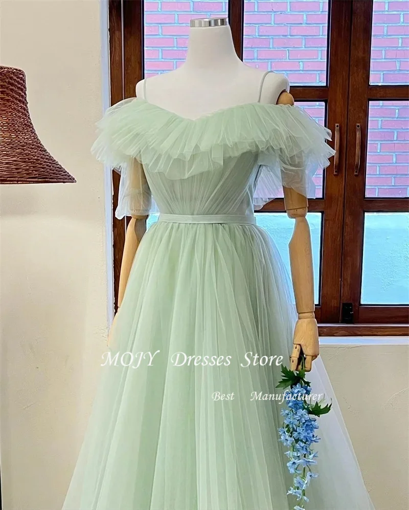 Mojy Elegant Off Shoulder Tulle Evening Dresses Korea Wedding Photo shoot Sage Green Evening Formal Gowns Party Customized