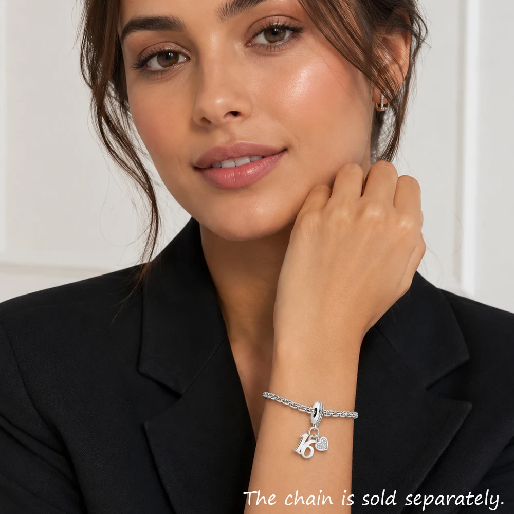Glückszahl 16-Anhänger aus 925er-Sterlingsilber, baumelnder Charm für Damen und Herren, trendiger edler Schmuck – Detail 2