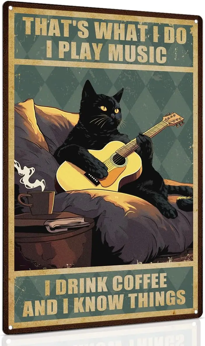 Guitar Art Black Cat Sign - Thats What I Do I Play Guitar and I Know Things   - Guitar Player Gift Ideas