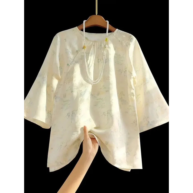 

Women's Floral Printed Half Sleeve Jacquard Blouse Vintage Chinese Style Loose Top plus Size Spring Autumn New Fashion Wear