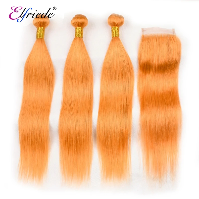 Elfriede #Orange Straight Hair Bundles with Closure Colored Human Hair Weavings 3 Bundles with 4X4 Transparent Lace Closure