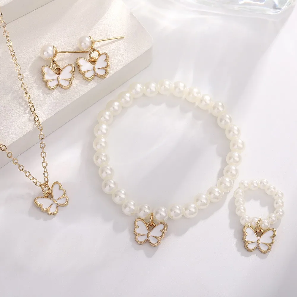 4 Set Butterfly Ring Pendant Necklace Bracelet Earrings Set for Women Girls Simulated Pearl Gold Jewelry Trendy Cute Sweet Gifts