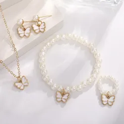 4 Set Butterfly Ring Pendant Necklace Bracelet Earrings Set for Women Girls Simulated Pearl Gold Jewelry Trendy Cute Sweet Gifts