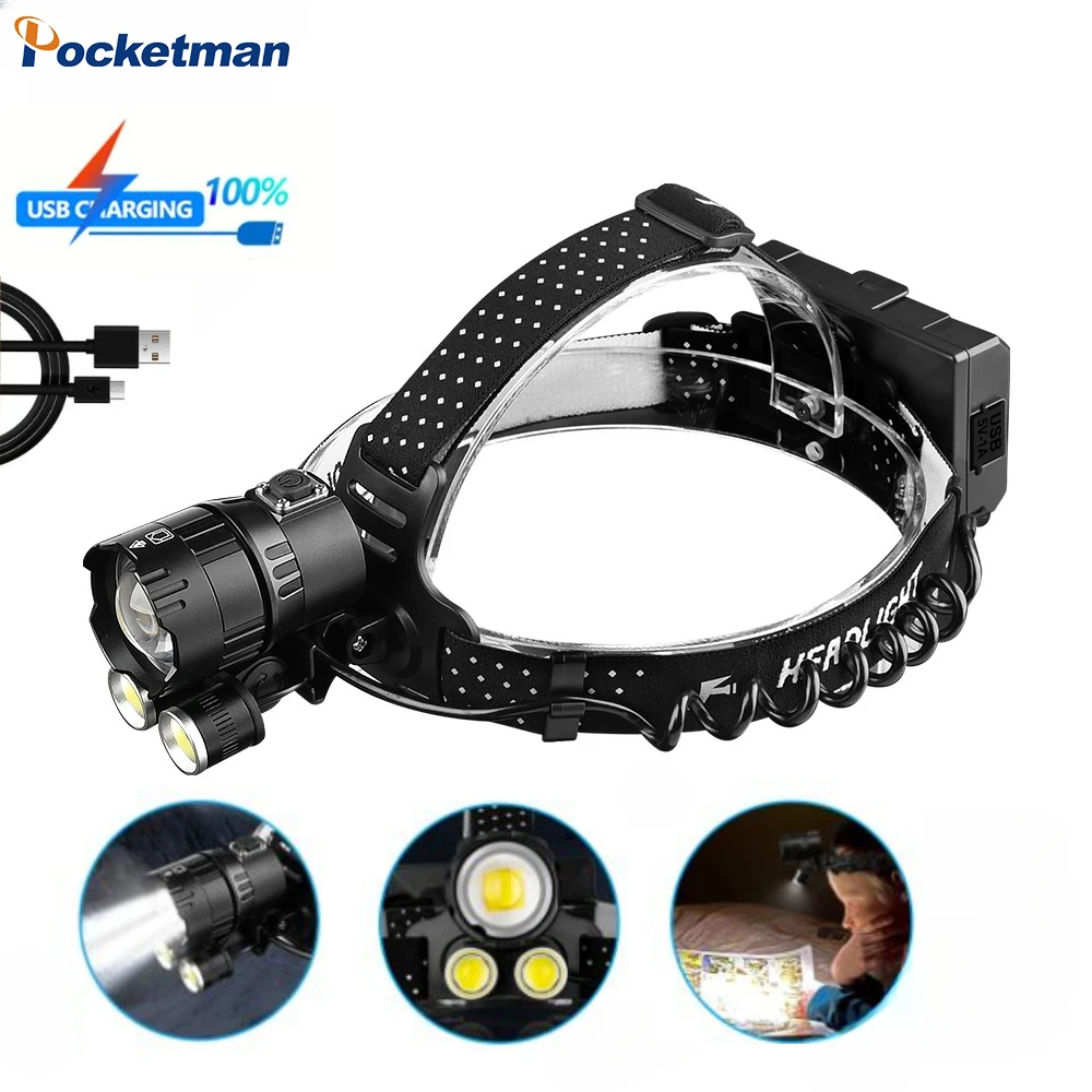 

High Power COB+LED Headlamp Outdoor Waterproof Telescopic Zoom Headlight USB Rechargeable Head Flashlight Head Torch for Fishing