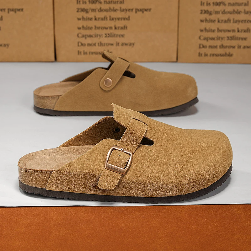 

Classic Suede Men Mules Cork Footbed Leather Fashion Clogs Slippers For Women Potato Shoes With Arch Support Beach Slide