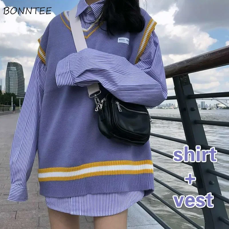 2 Piece Sets Women College Style Chic Loose Spring Fall Holiday Girls Outfits Harajuku Sleeveless Knitwear Basic Tops Popular
