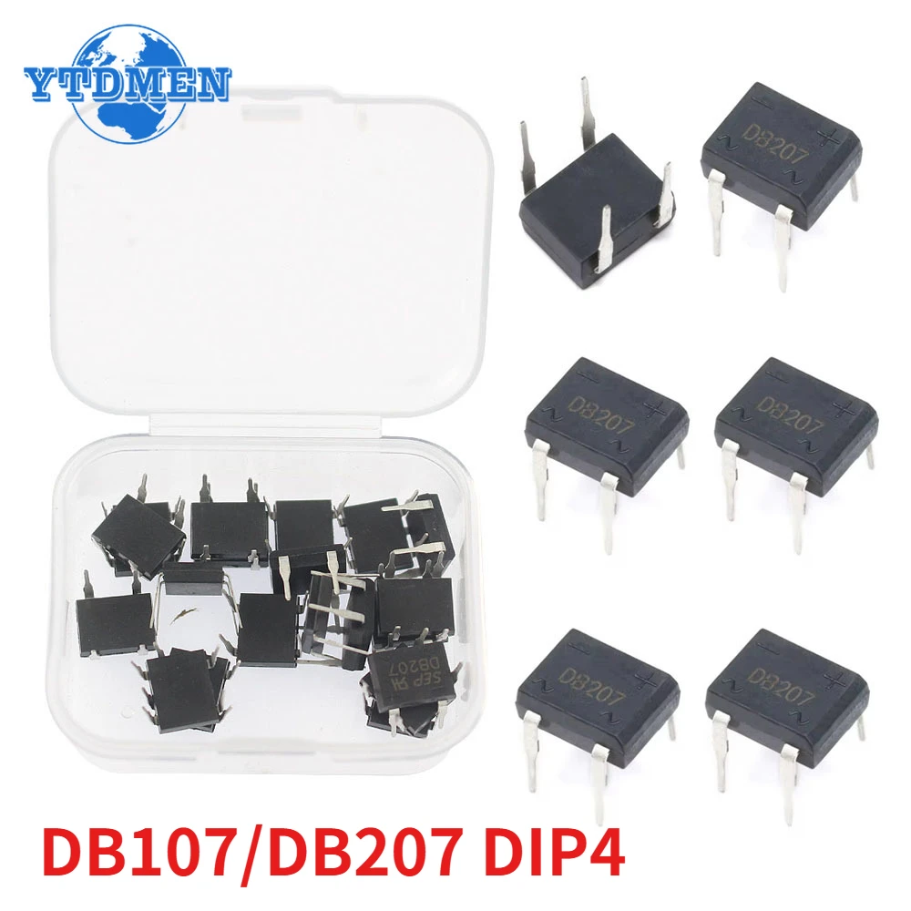 10/20PCS DB207 DB107 Bridge Rectifier DIP4 1000V 2A 1A Power Diode Rectifiers Electronic Components IC Kit, with Box