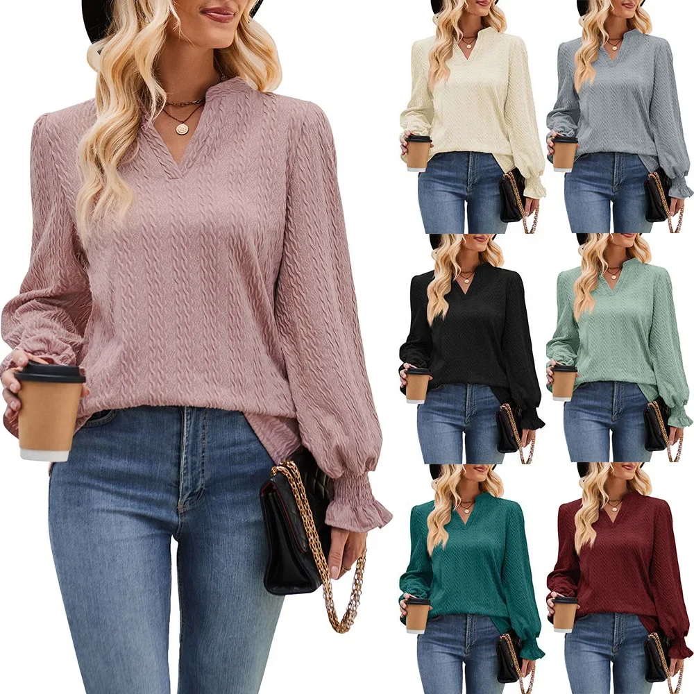 

2025 Women's New Spring Autumn Long Sleeve Top Solid Color Knitting Jacquard T-shirt Fried Dough Twists V-neck Top 2025 New