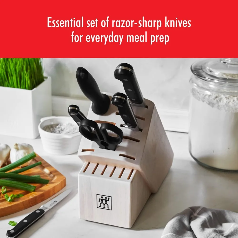 Professional S 7-Piece Razor-Sharp German Block Knife Set With Solid White Rubberwood Block, Made in Company-Owned German